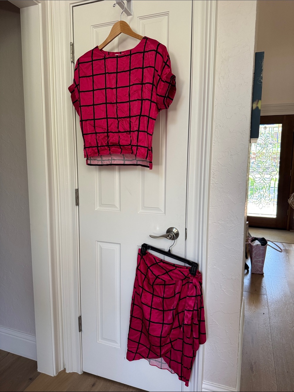 Milly Hot Pink and Black Grid Two-Piece Too and Skirt Set